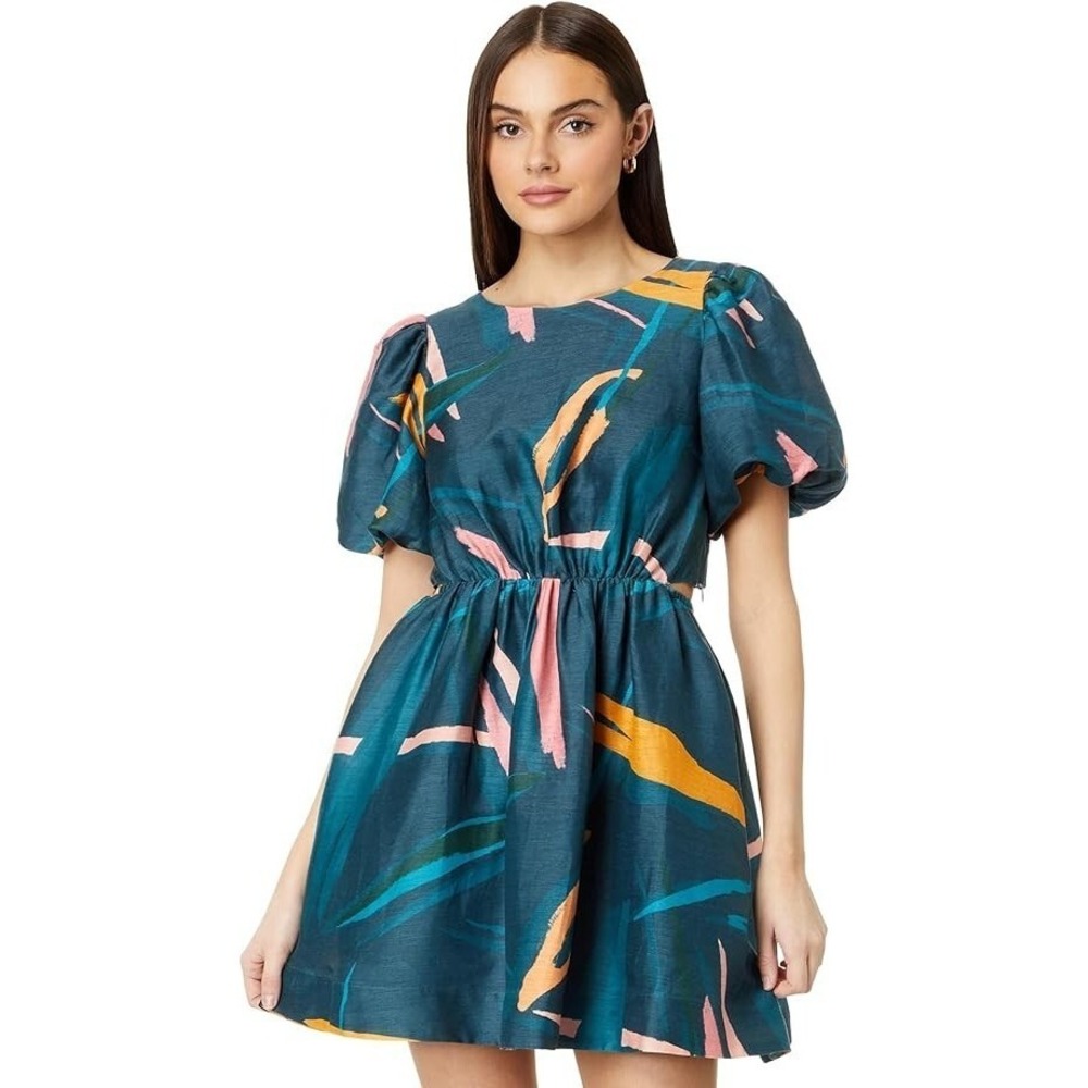 NWT Vineyard Vines Puff Sleeve Cutout Dress Silk Linen Tropical Size 10 Blue